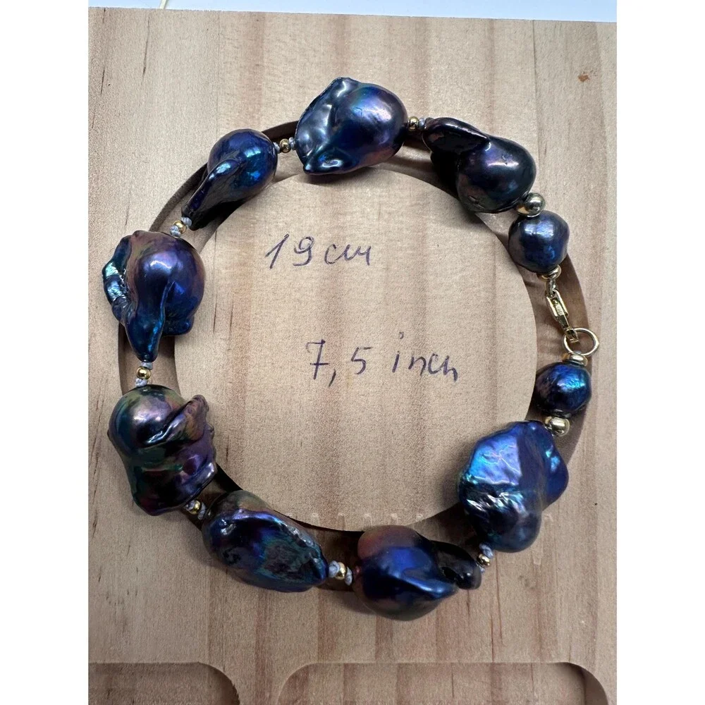 Black Baroque Pearl Bracelet, Handknotted 925 Sterling Silver Gold Plated